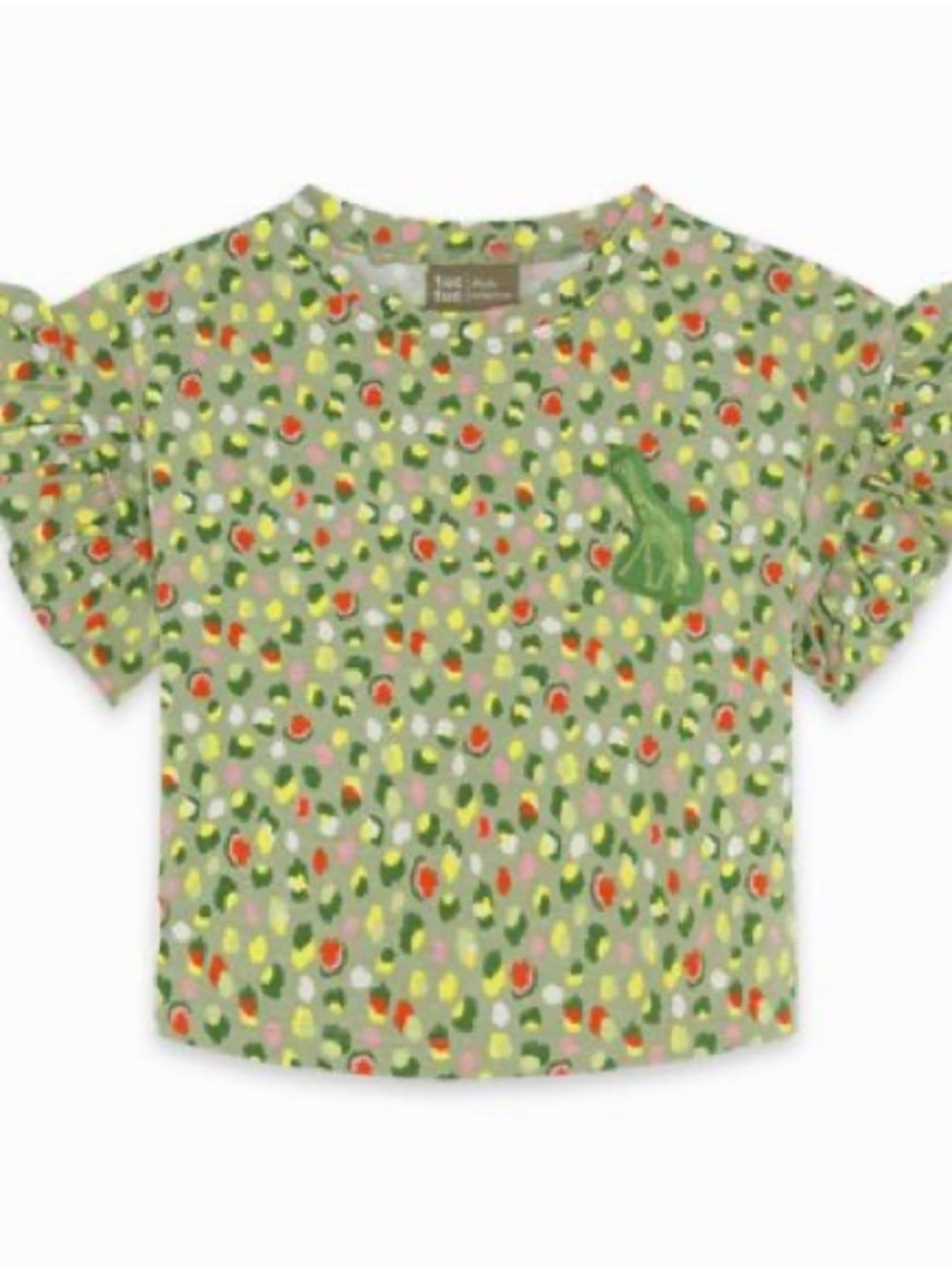 Girls' Puff Sleeve Top in Olive Green with Multicolor Spot Print